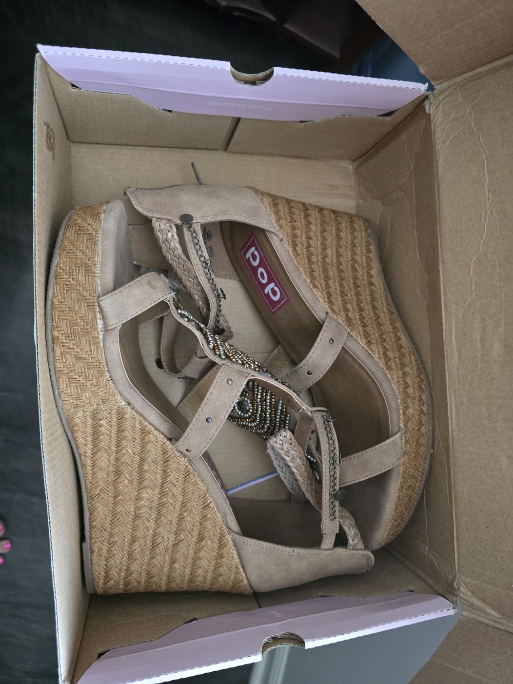 POP Beige Espadrille Wedge Sandals with Beaded Accent